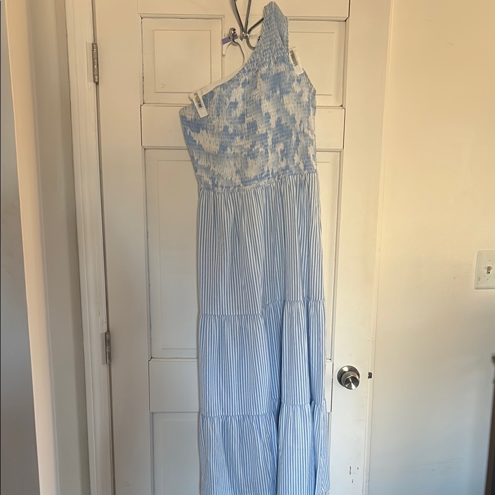 Blue and White One-Shoulder Maxi Dress